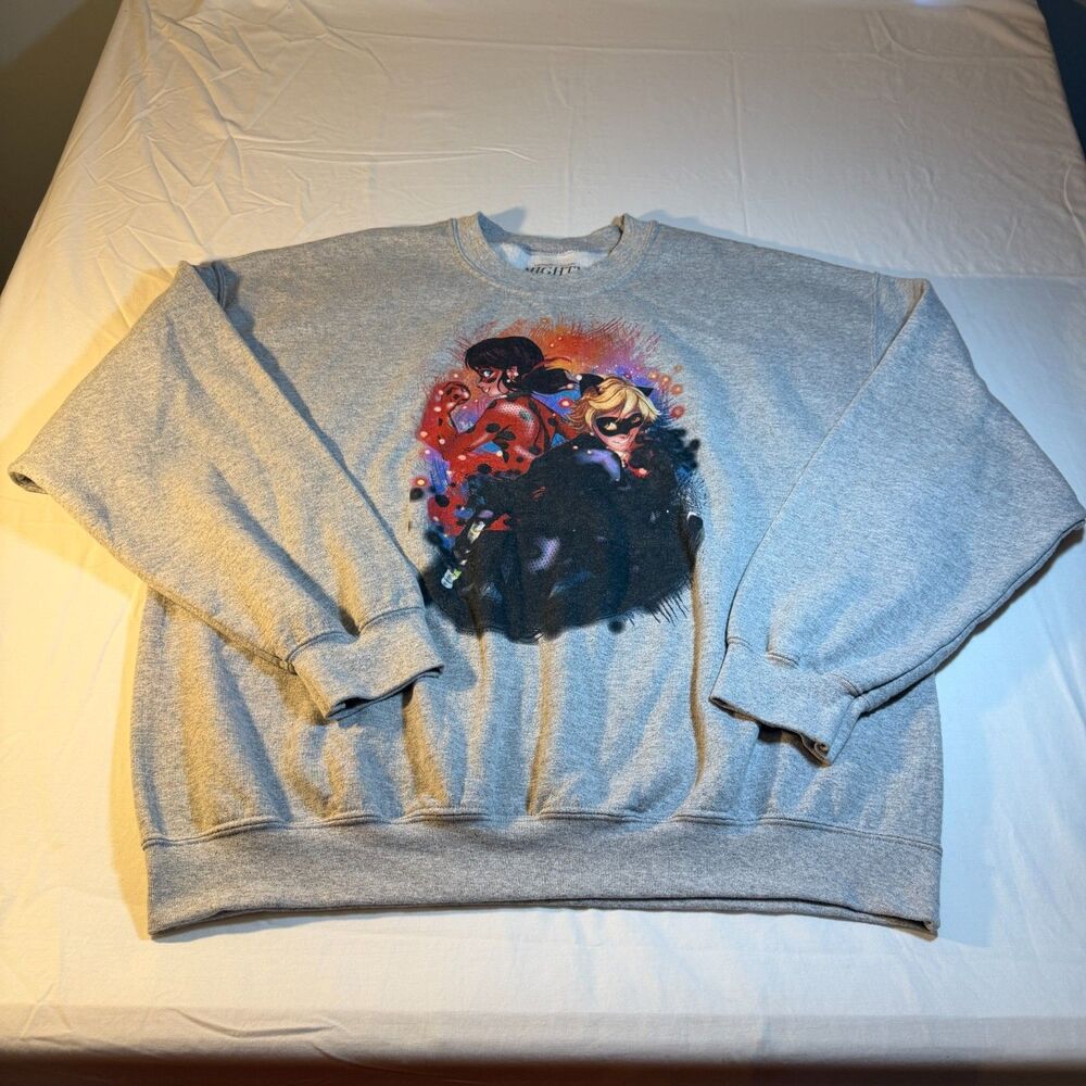Mighty Fine Miraculous Ladybug Pullover XL Gray Cotton Graphic Sweatshirt Warm